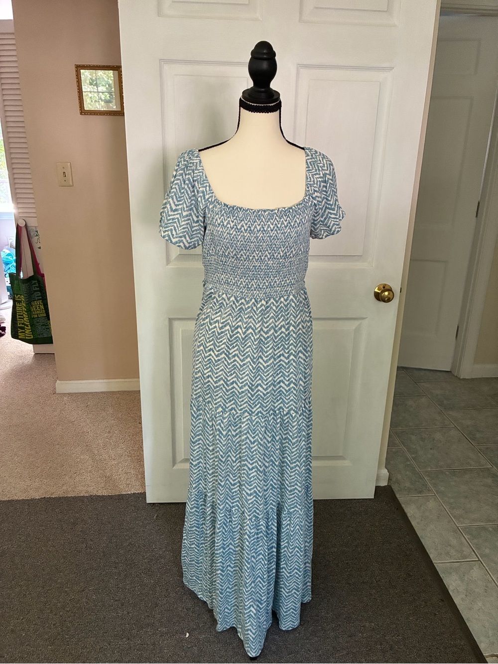 Anthropologie Daily Practice Chevron White Blue Smocked maxi dress